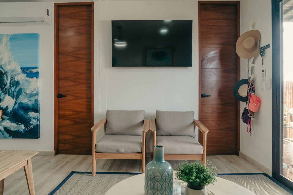 Estancia con televisión y acceso principal de la casa